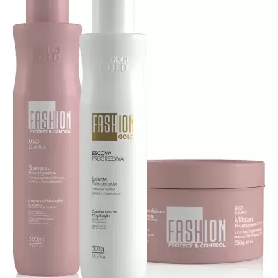 Conjunto de produtos para cabelo Fashion Gold em frascos rosa e branco e embalagem redonda rosa
