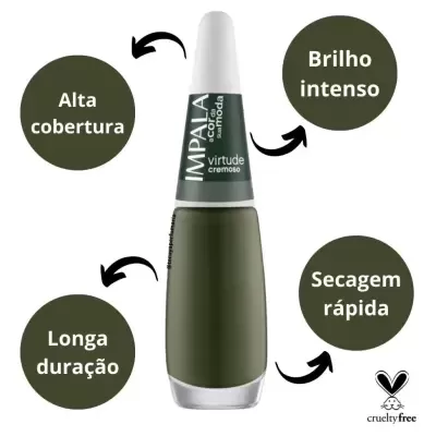 Esmalte verde escuro IMPALA Virtude cremoso com características ao redor e selo crueltyfree
