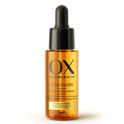 Frasco ambar translúcido com conta-gotas preto tónico capilar OX MARIMARIA HAIR