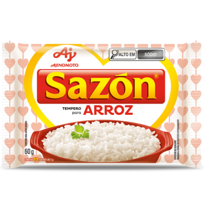 Pacote de tempero Sazón para arroz com imagem de prato de arroz