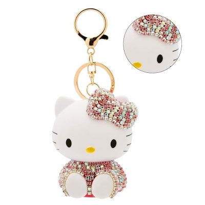 Porta-chaves Hello Kitty com cristais rosa e anel dourado