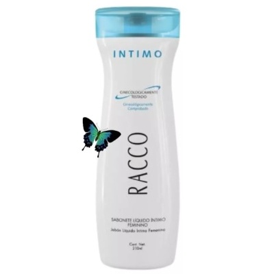 Frasco de sabonete líquido íntimo feminino branco com tampa azul e texto azul e preto, com borboleta na frente.