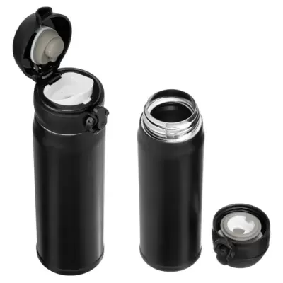 garrafas térmicas pretas de metal com tampas detalhadas