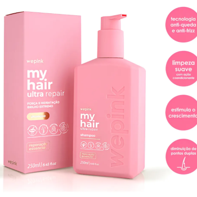 Shampoo Wepink My Hair Ultra Repair 250ml em embalagem rosa com caixa e indicações em círculos cor de rosa