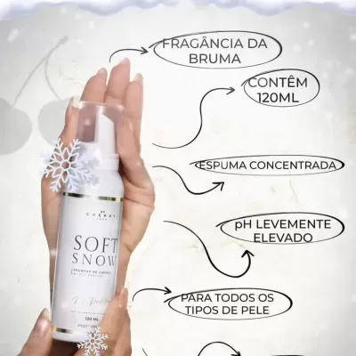 Embalagem branca de shampoo espuma Soft Snow com texto em português e decoração de floco de neve