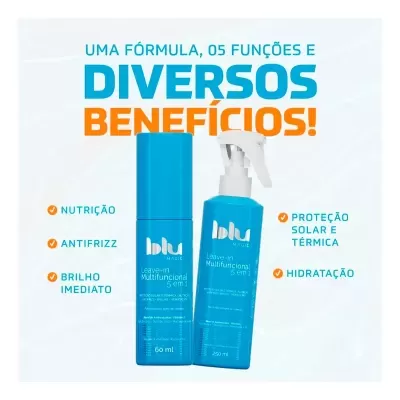 Frascos azuis de leave-in multifuncional blu magic com texto sobre funções e benefícios
