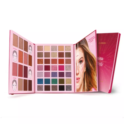 Paleta de maquilhagem ELIDORA com várias sombras coloridas em embalagem rosa