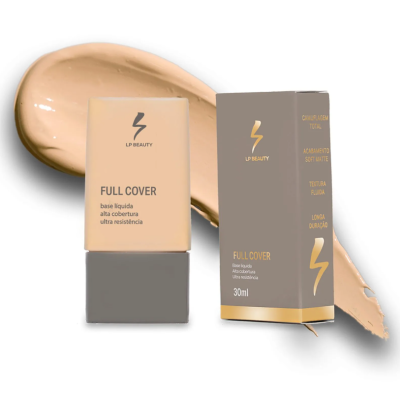 Base líquida LP Beauty Full Cover com embalagem e caixa cinza e dourado