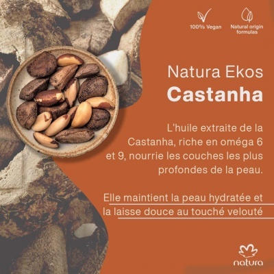 Castanhas-do-pará numa tigela com texto promocional em francês e fundo laranja