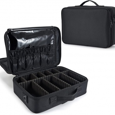 Mala organizadora preta com divisórias ajustáveis e bolsos elásticos interiores