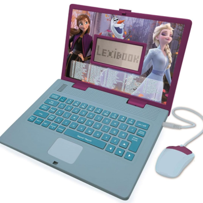 Computador portátil infantil azul e roxo com rato ligado e personagens de Frozen no ecrã