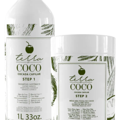 Produtos Terra Coco para cuidado capilar com embalagem branca e folhas verdes