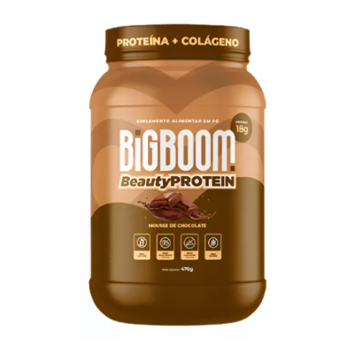 Frasco de suplemento BigBoom Beauty Protein sabor mousse de chocolate em cores castanhas