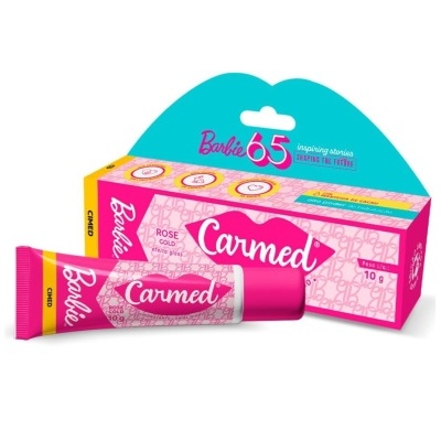 Creme Carmed rosa gold com embalagem rosa e branca e caixa com texto Barbie 65