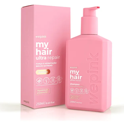 Frasco e caixa rosa de champô my hair ultra repair da wepink