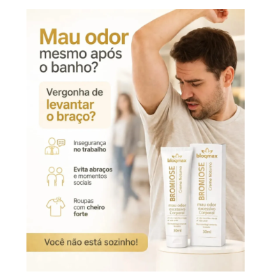 Embalagens do creme Bloqmax Bromiose ao lado de homem a levantar o braço.