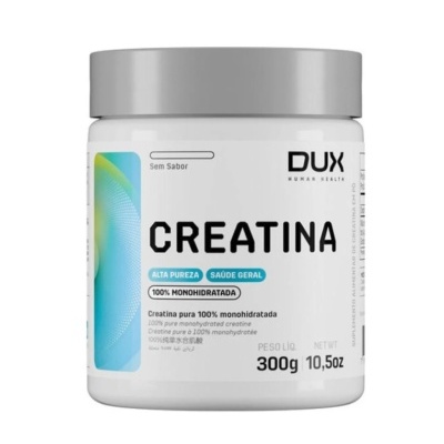Frasco branco com rótulo de creatina da marca DUX