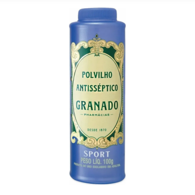 Frasco azul de pó antisséptico Granado com tampa azul