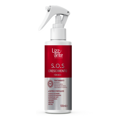 Spray tónico para crescimento capilar Lizzante S.O.S em frasco branco com rótulo vermelho