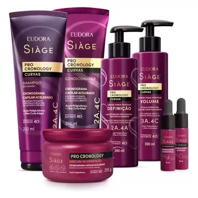 Produtos para cabelo Eudora Siàge Pro Cronology Curvas em embalagens roxas