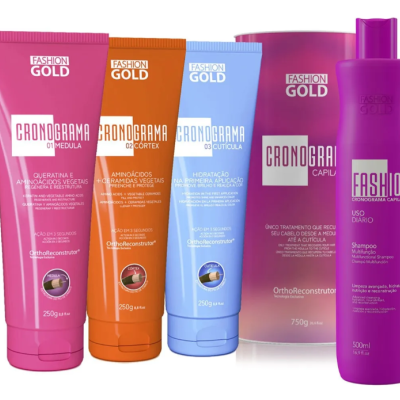 Produtos capilares Fashion Gold Cronograma em embalagens coloridas