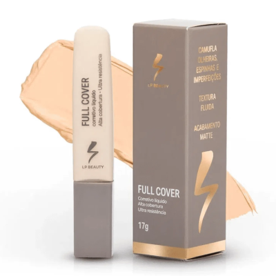 Corretivo líquido FULL COVER da LP Beauty com embalagem cinza e bege com texto dourado
