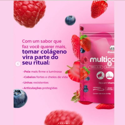Embalagem rosa de suplemento de colágeno com frutas vermelhas flutuando e texto explicativo em português.
