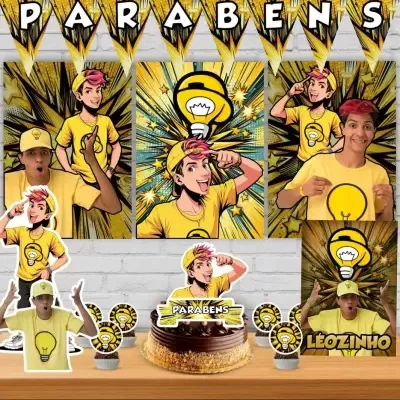 Conjunto de decoração de festa com tema amarelo e preto com figura jovem e lâmpada.