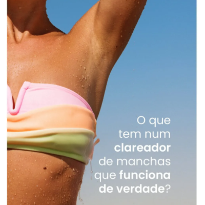 Mulher com biquíni colorido e texto sobre clareador de manchas