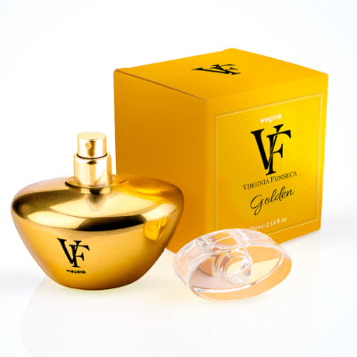 Frasco de perfume dourado e caixa amarela com texto de marca e nome do produto