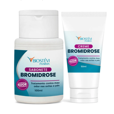 Produtos Biostévi Pharma sabonete e creme bromidrose para mau odor, embalagens brancas com rótulos azuis e roxos