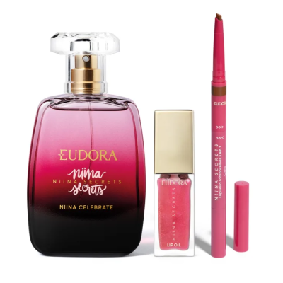 Conjunto de perfume, brilho labial e lápis labial rosa Eudora Nina Secrets