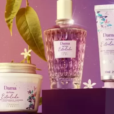 Produtos Dama da Noite Estrelada da L'Occitane au Brésil sobre base roxa