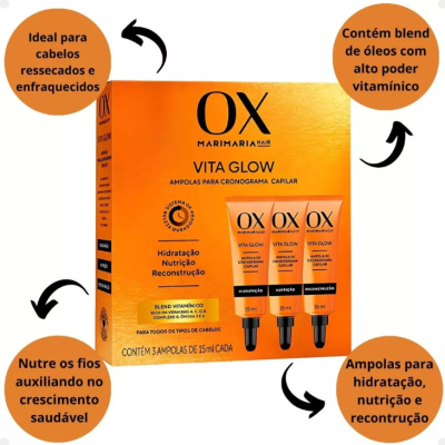 Caixa do produto OX Marimaria Hair VITA GLOW com 3 ampolas para cronograma capilar