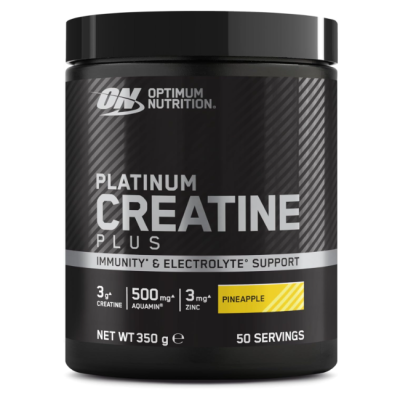 Frasco preto de suplemento Platinum Creatine Plus sabor ananás com texto em branco e amarelo