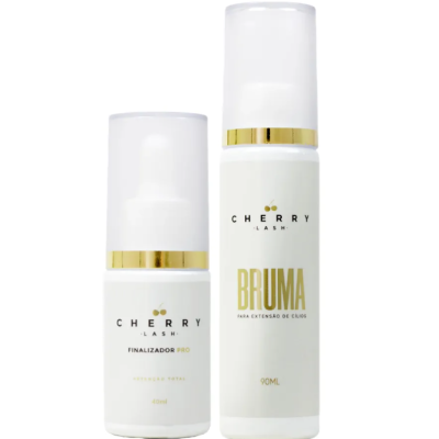 Dois frascos brancos Cherry Lash com tampas transparentes e detalhes dourados.