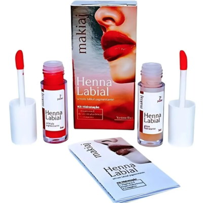 Kit cosmético Henna Labial Makiai com dois frascos de henna labial e embalagem