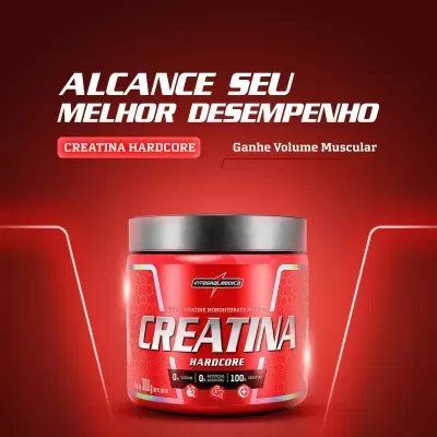 Pote de suplemento alimentar de creatina hardcore em embalagem vermelha com tampa cinza