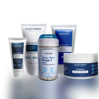 Produtos Cicatribem com embalagens em branco e azul, contendo creme, suplemento e gel em fundo branco.