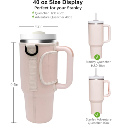 Copo portátil rosa claro com alça e tampa branca com canudo, dimensões exibidas.