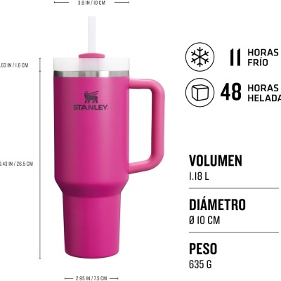 Caneca térmica cor-de-rosa com tampa branca e palhinha, pega lateral, dimensões e texto informativo ao lado