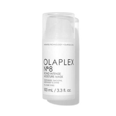 Frasco branco de máscara hidratante OLAPLEX N°8 sobre fundo branco
