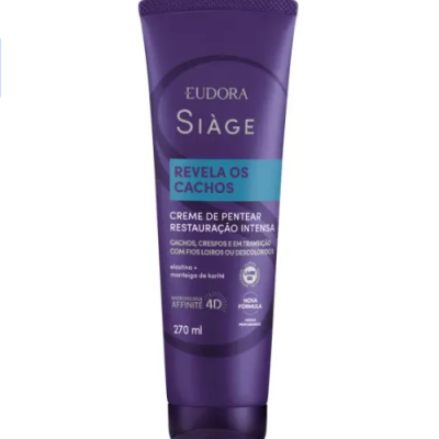 Frasco roxo de creme de pentear Eudora Siàge Revela os Cachos 270 ml