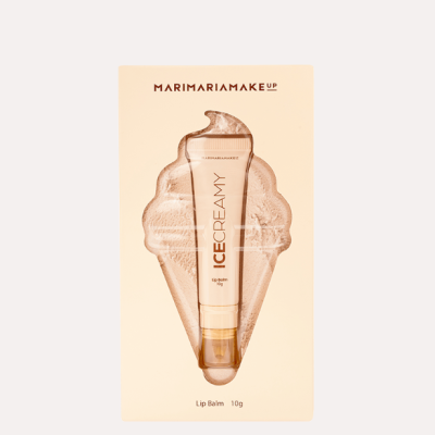 Bálsamo labial ICE CREAMY MARIMARIAMAKEUP 10g embalado em fundo creme