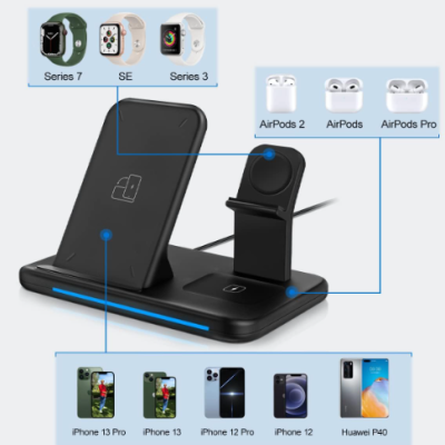 Estação de carregamento sem fios preta com suportes e luz LED azul.