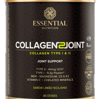 Frasco suplemento Essential Nutrition Collagen2Joint preto e dourado