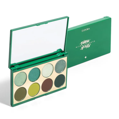 Paleta de sombras ELDORA com oito tons verdes e castanhos em estojo verde com espelho