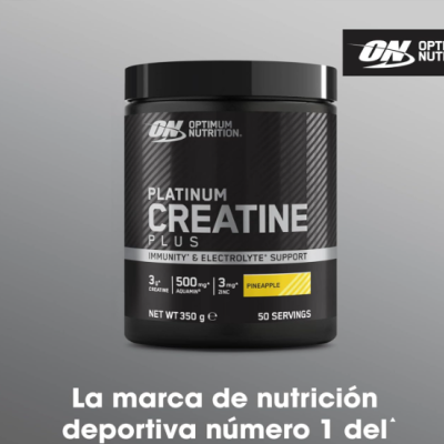 Frasco de suplemento Optimum Nutrition Platinum Creatine Plus sabor ananás