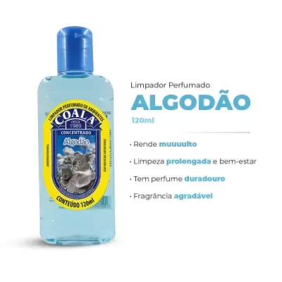 Frasco limpador perfumado ALGODÃO 120ml com rótulo amarelo e azul e coalas