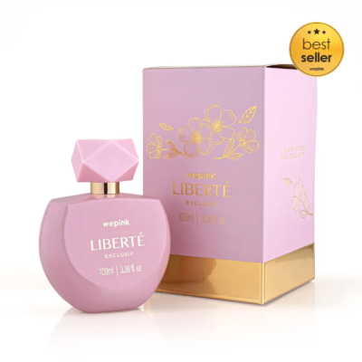 Frasco de perfume rosa com tampa facetada e caixa rosa dourada com selo best seller